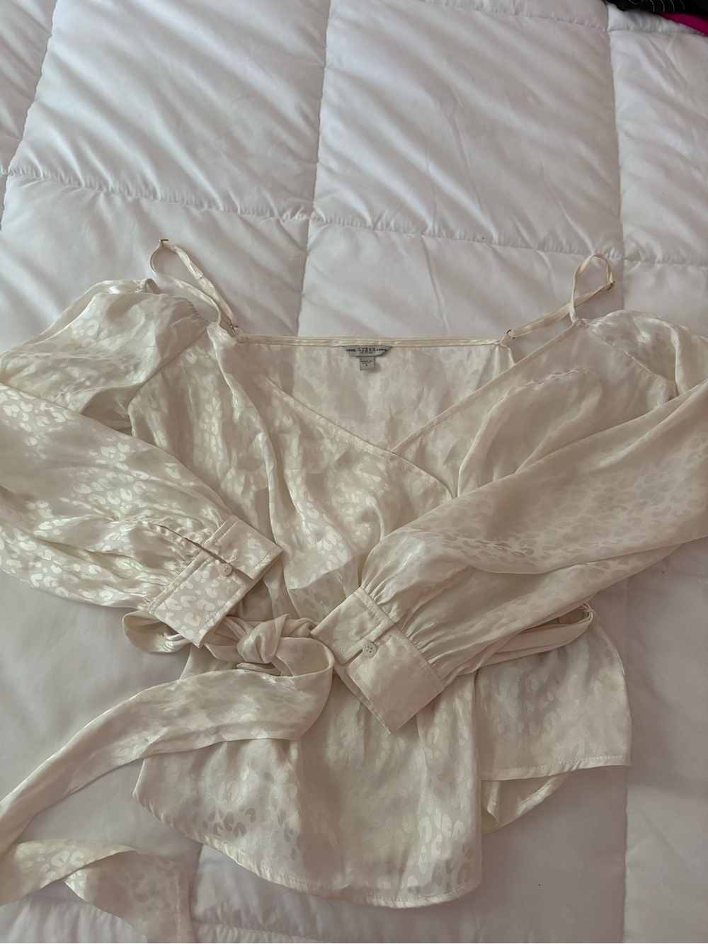 Guess Cream Satin Long Sleeve Wrap Blouse